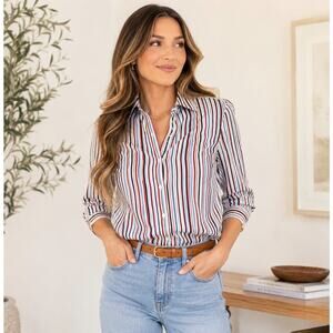 Foxcroft for Appleseed's Striped Cotton Blend Button Down Collared Shirt Size 14